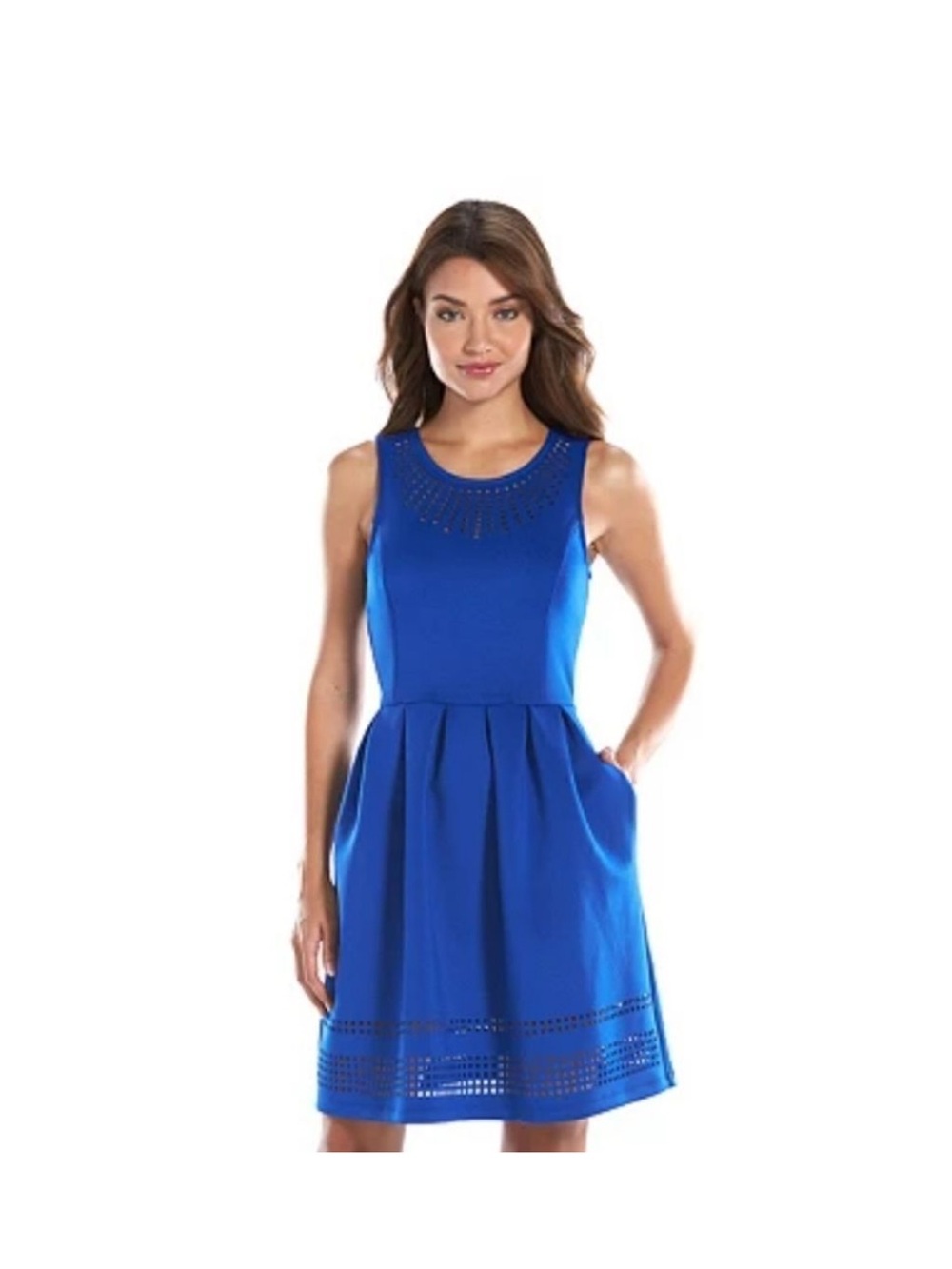 Apt. 9 Royal Blue Sleeveless Pleated A-Line Dress with Laser Cut Detail